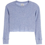 A light blue ribbed knit long-sleeve crop top sweater with a crew neck and ribbed cuffs, shown flat on a white background.