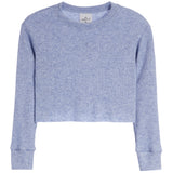 A light blue ribbed knit long-sleeve crop top sweater with a crew neck and ribbed cuffs, shown flat on a white background.