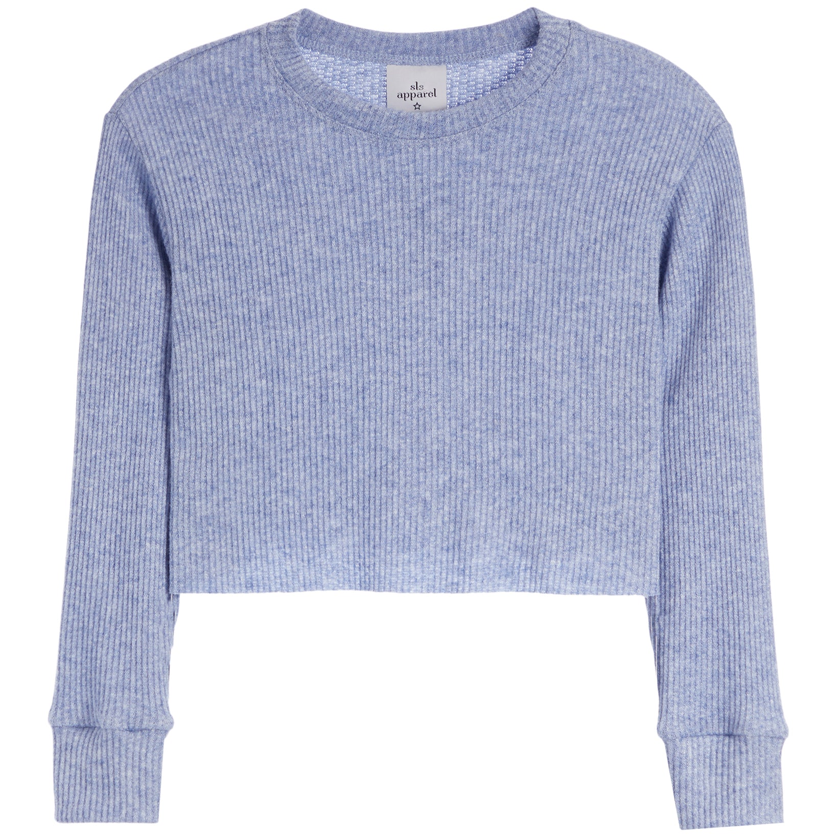A light blue ribbed knit long-sleeve crop top sweater with a crew neck and ribbed cuffs, shown flat on a white background.