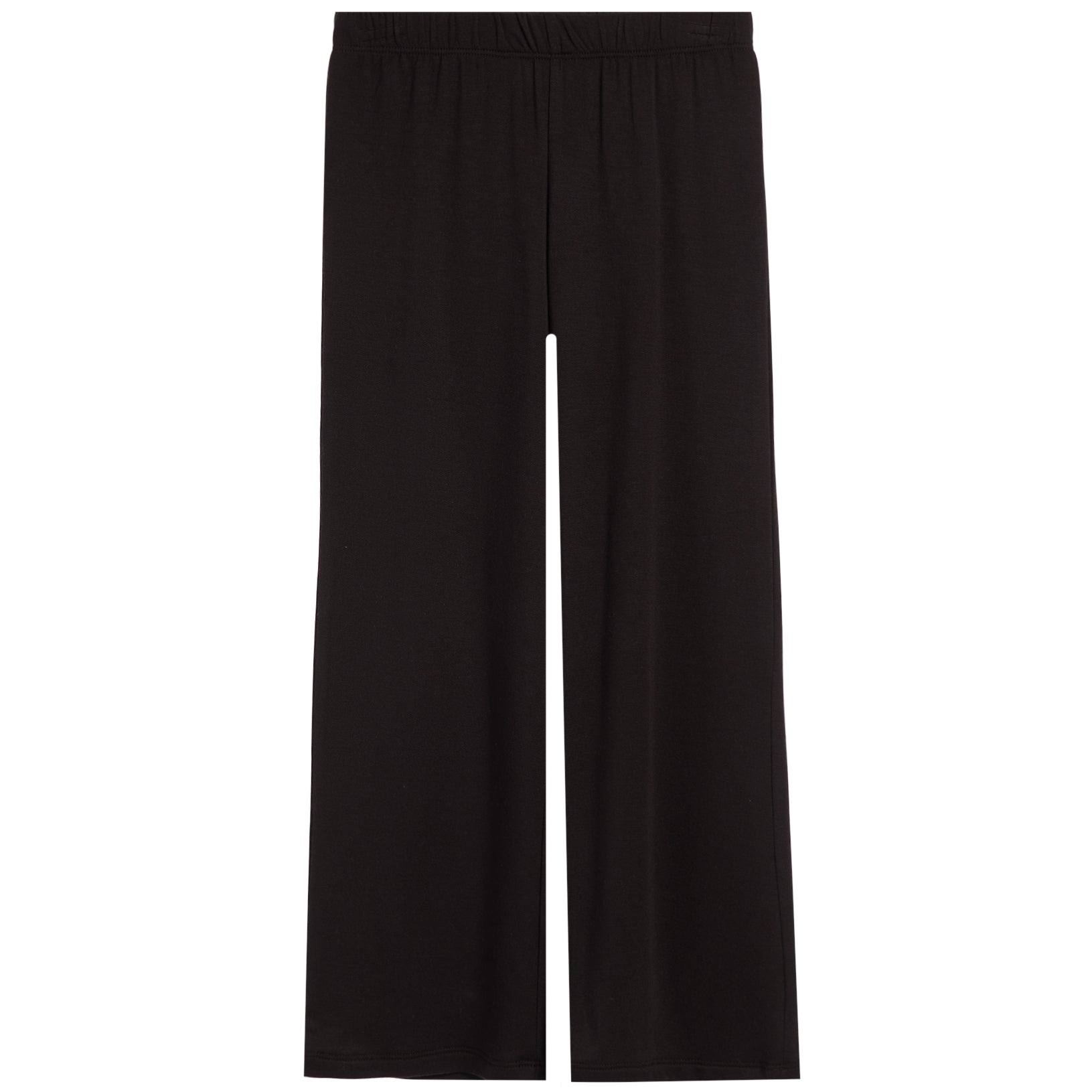 Black wide-leg cropped pants with an elastic waistband, shown flat against a solid white background.