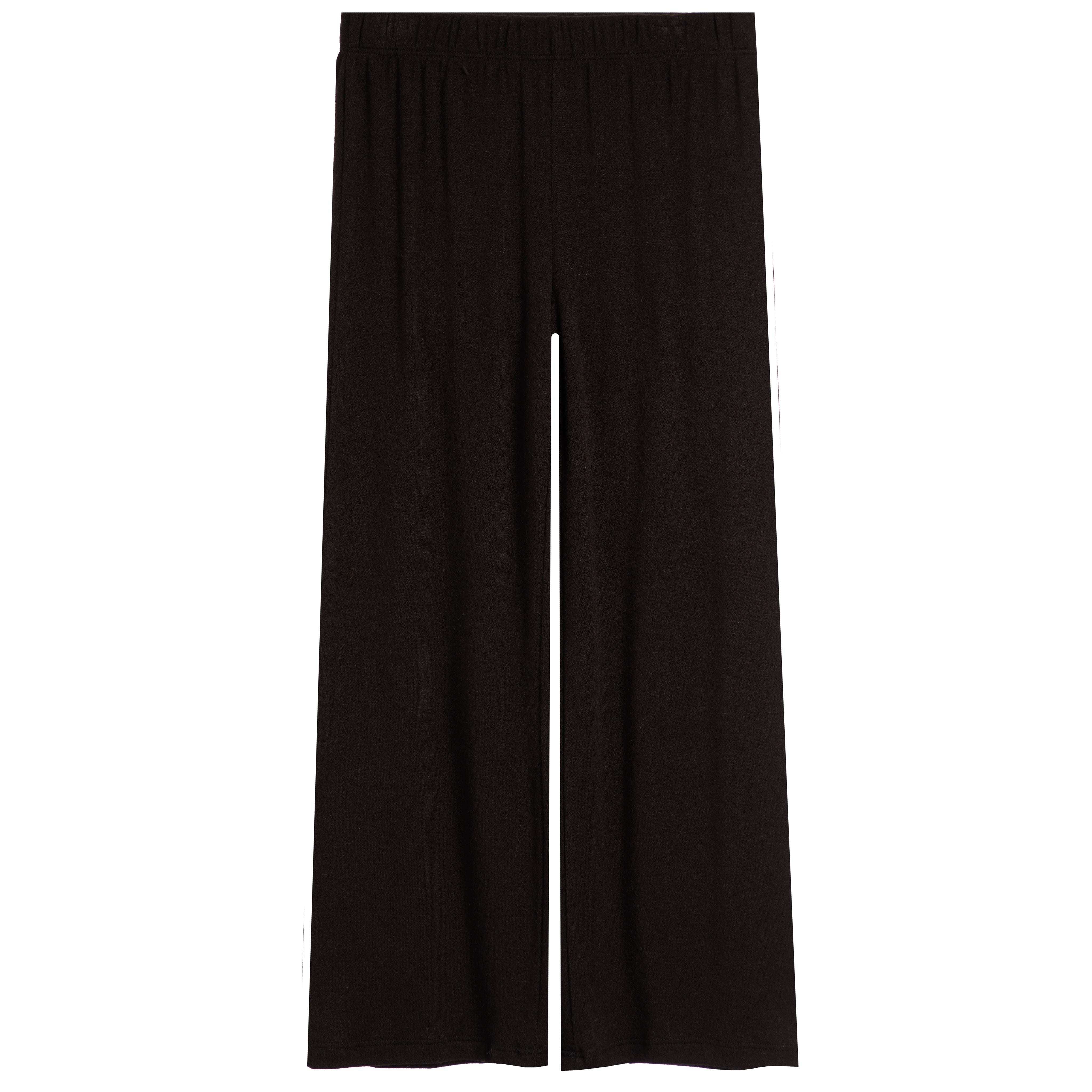 Black wide-leg knit pants with an elastic waistband, shown flat against a solid white background.