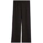 Black wide-leg cropped pants with a textured, waffle-like fabric and an elastic waistband, shown flat on a white background.