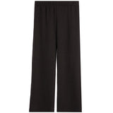 Black wide-leg cropped pants with a textured, waffle-like fabric and an elastic waistband, shown flat on a white background.