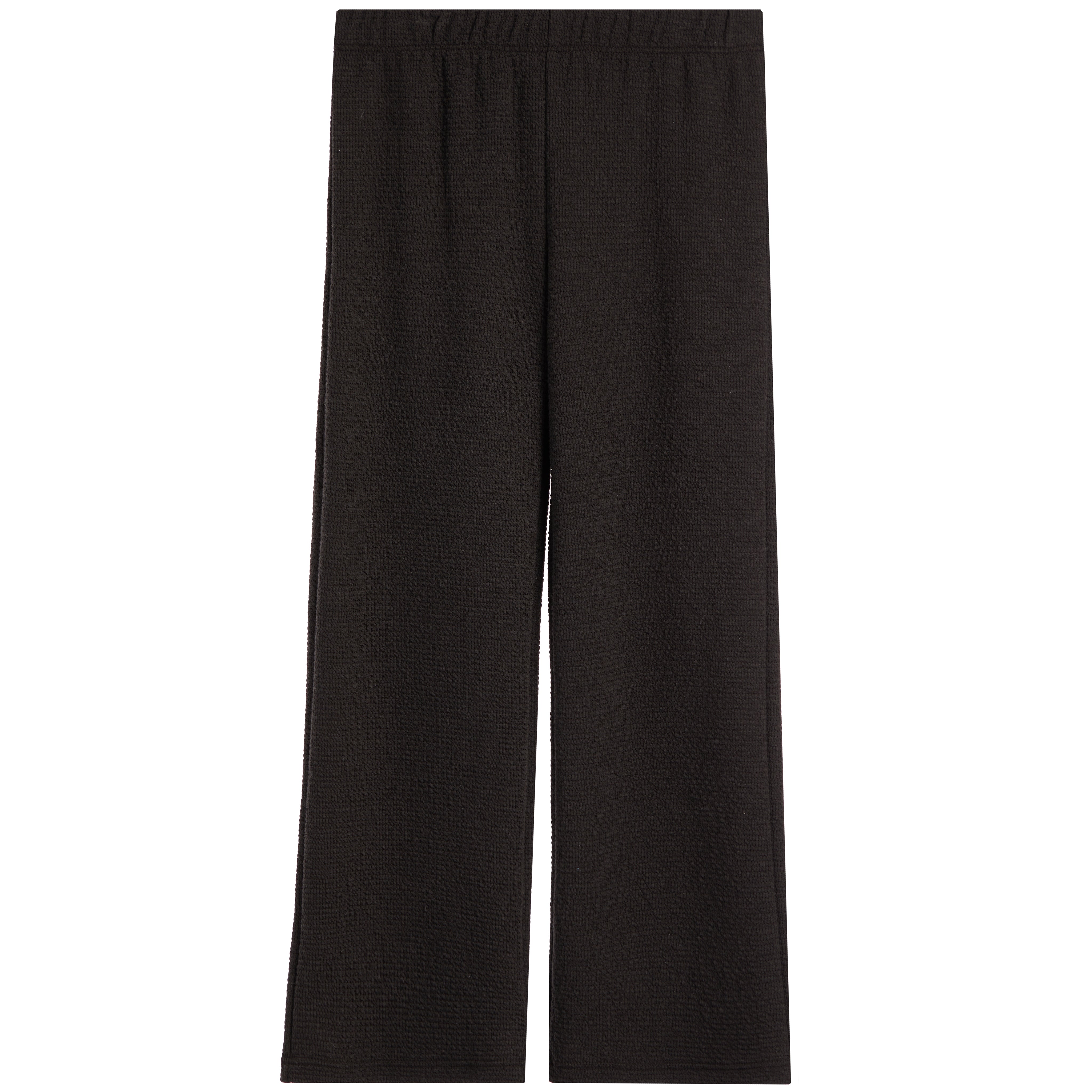 Black wide-leg cropped pants with a textured, waffle-like fabric and an elastic waistband, shown flat on a white background.