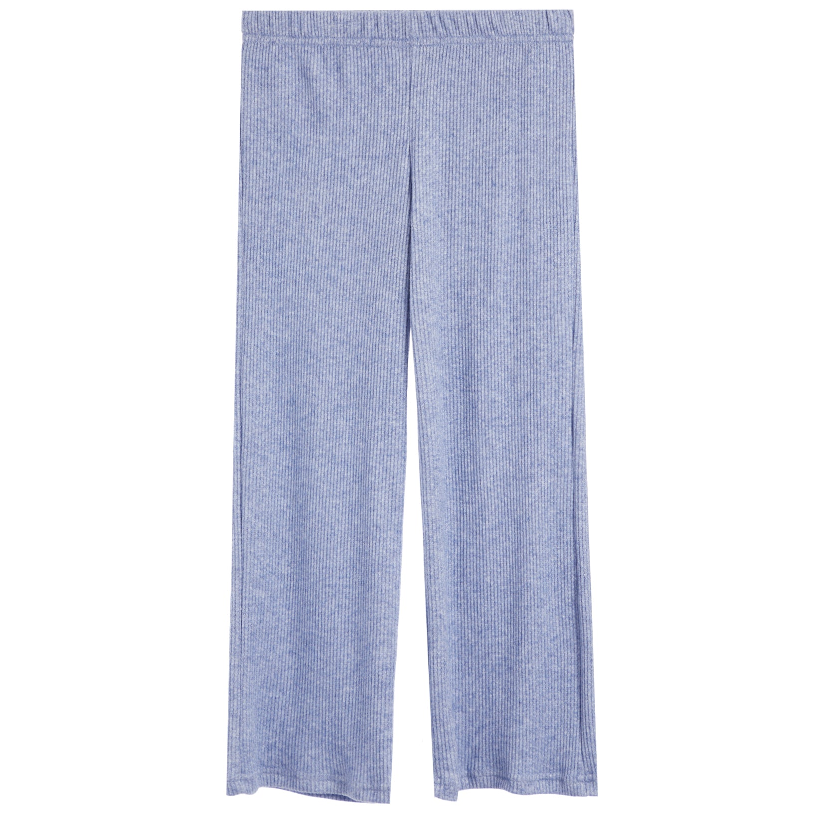 Light blue ribbed knit pants with an elastic waistband, shown flat against a white background.