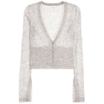 A light gray heathered long-sleeve cardigan with a deep V-neckline, buttoned front, and a cropped hem, shown against a plain white background.