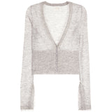 A light gray heathered long-sleeve cardigan with a deep V-neckline, buttoned front, and a cropped hem, shown against a plain white background.