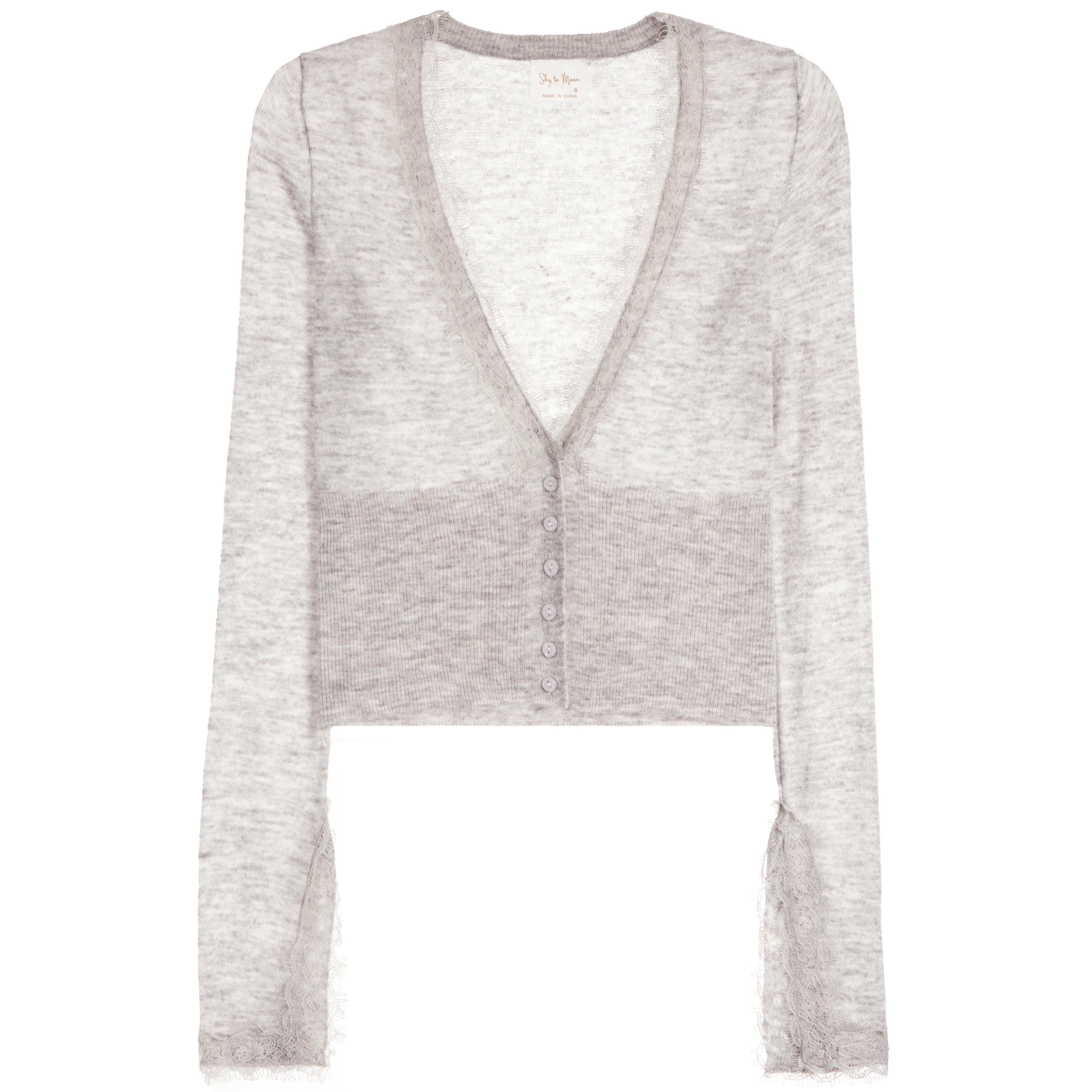 A light gray heathered long-sleeve cardigan with a deep V-neckline, buttoned front, and a cropped hem, shown against a plain white background.