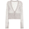 A light gray heathered long-sleeve cardigan with a deep V-neckline, buttoned front, and a cropped hem, shown against a plain white background.