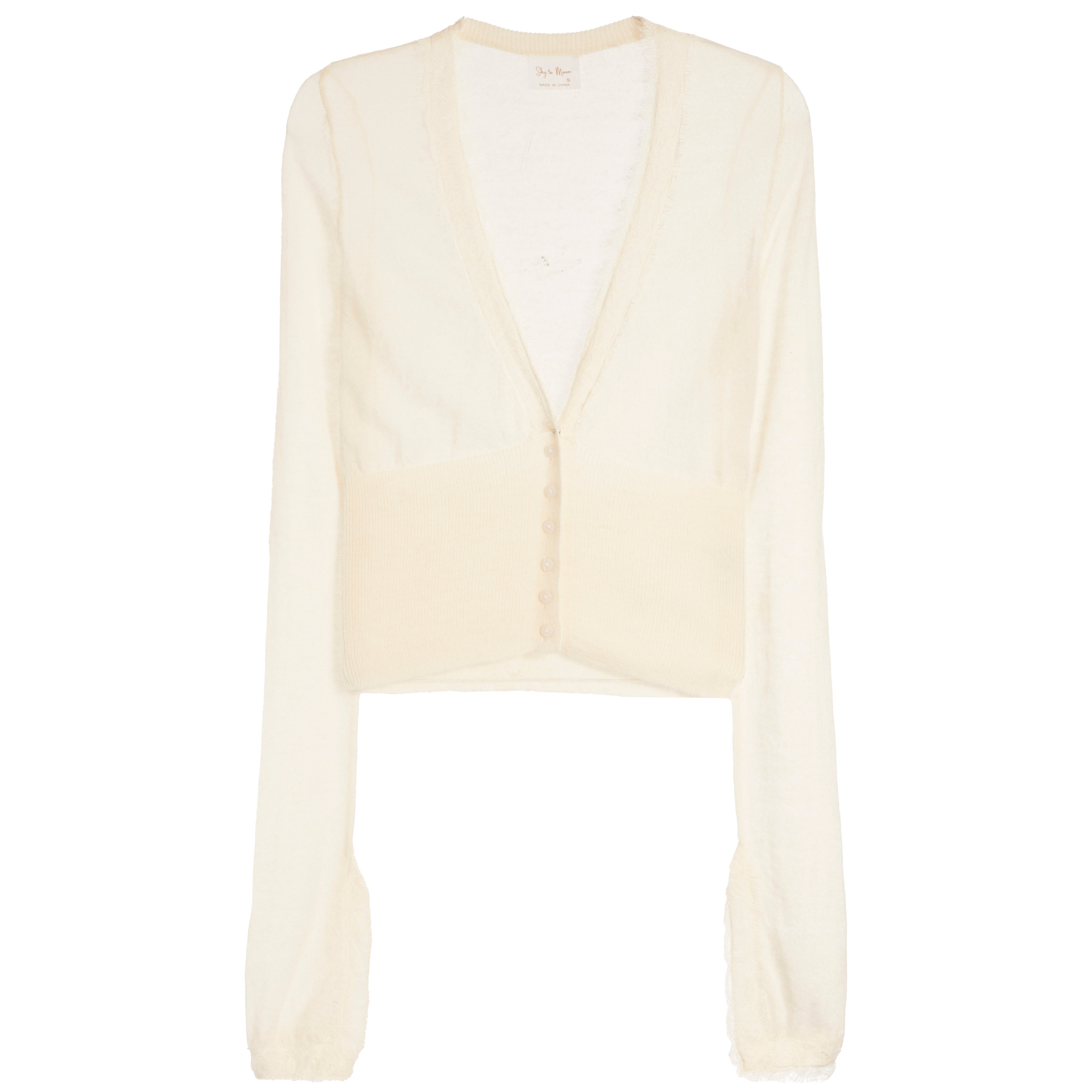 A cream-colored long-sleeve cardigan with a deep V-neckline, featuring a structured, slightly padded yoke and a sheer, lightweight fabric.