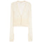 A cream-colored long-sleeve cardigan with a deep V-neckline, featuring a structured, slightly padded yoke and a sheer, lightweight fabric.