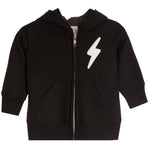 A black zip-up hoodie sweatshirt with a white lightning bolt graphic on the left chest, displayed on a clean white background.