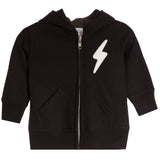 A black zip-up hoodie sweatshirt with a white lightning bolt graphic on the left chest, displayed on a clean white background.
