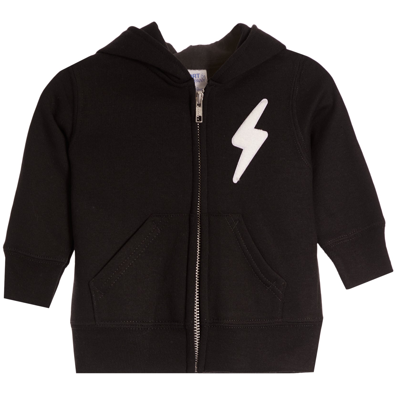 A black zip-up hoodie sweatshirt with a white lightning bolt graphic on the left chest, displayed on a clean white background.