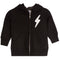 A black zip-up hoodie sweatshirt with a white lightning bolt graphic on the left chest, displayed on a clean white background.