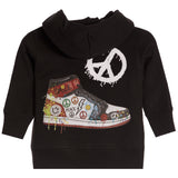 A black toddler hoodie featuring a large graphic print of a graffiti-style high-top sneaker and a white peace sign on the back, set against a plain white background.
