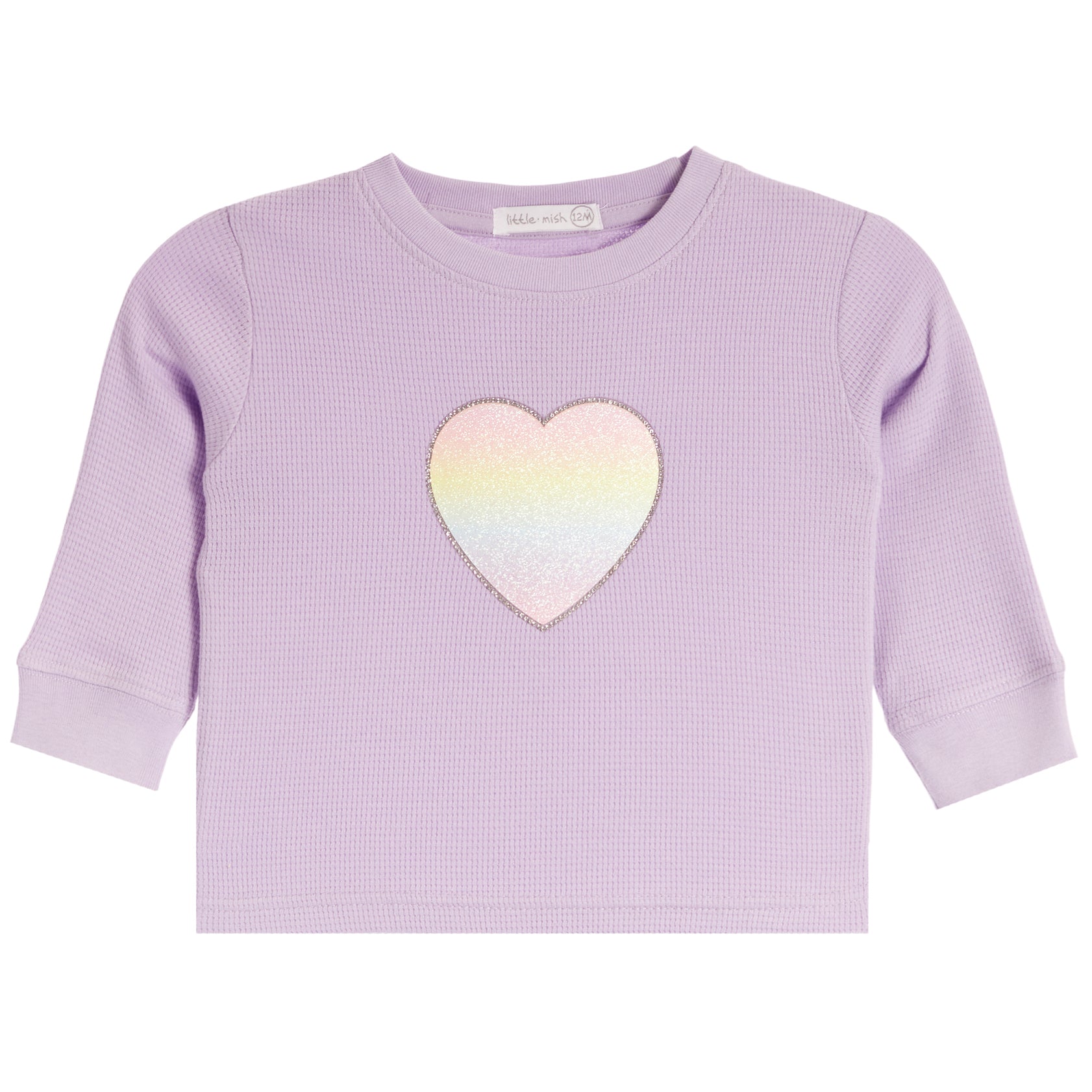 A lavender waffle-knit long-sleeve baby shirt with a central iridescent pastel heart patch, shown flat on a white background.