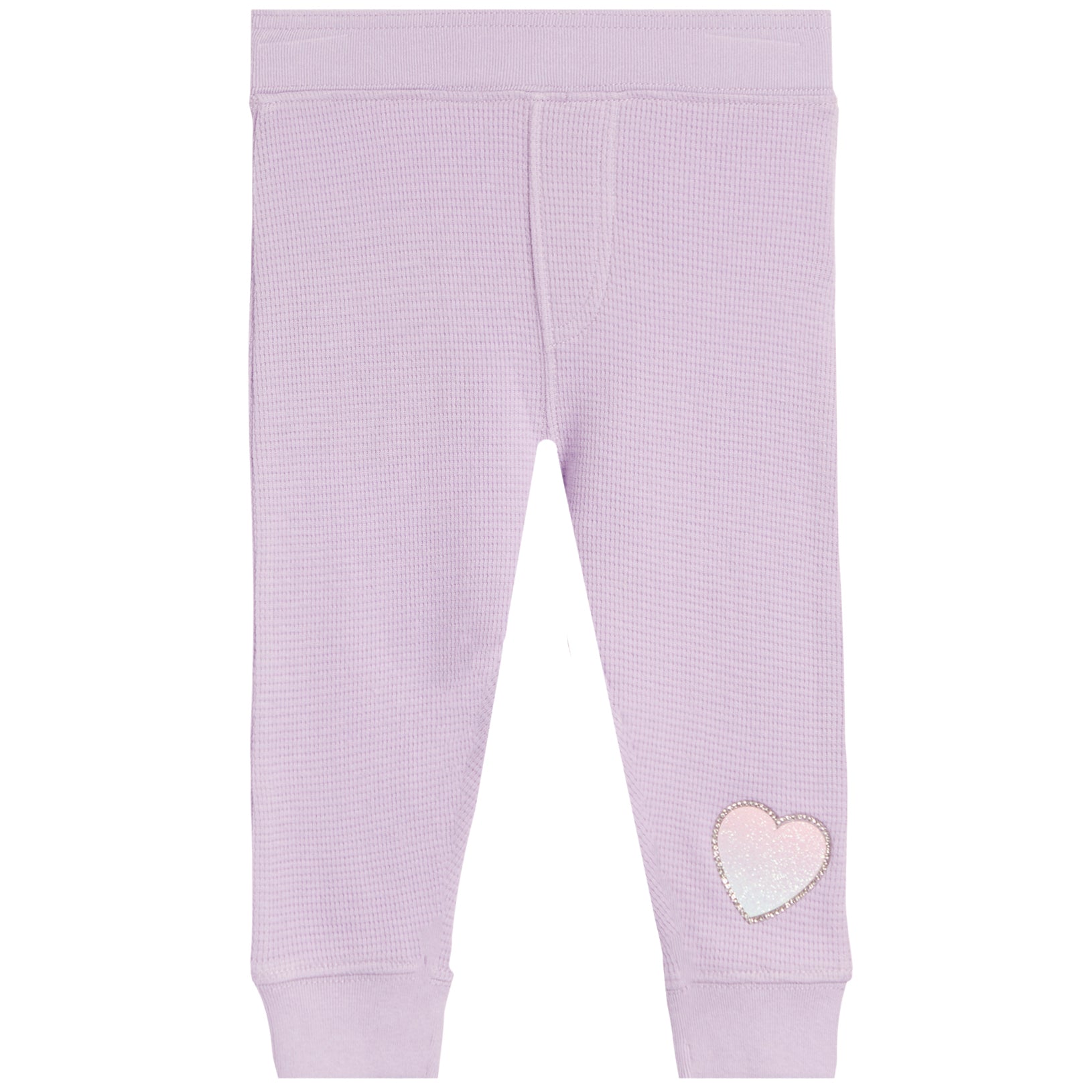Light purple waffle-knit leggings with a small iridescent heart patch on one leg, shown flat against a white background.