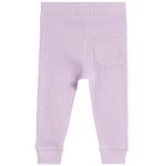 Light purple waffle-knit pants with a back pocket and ribbed cuffs, shown from the back on a white background.
