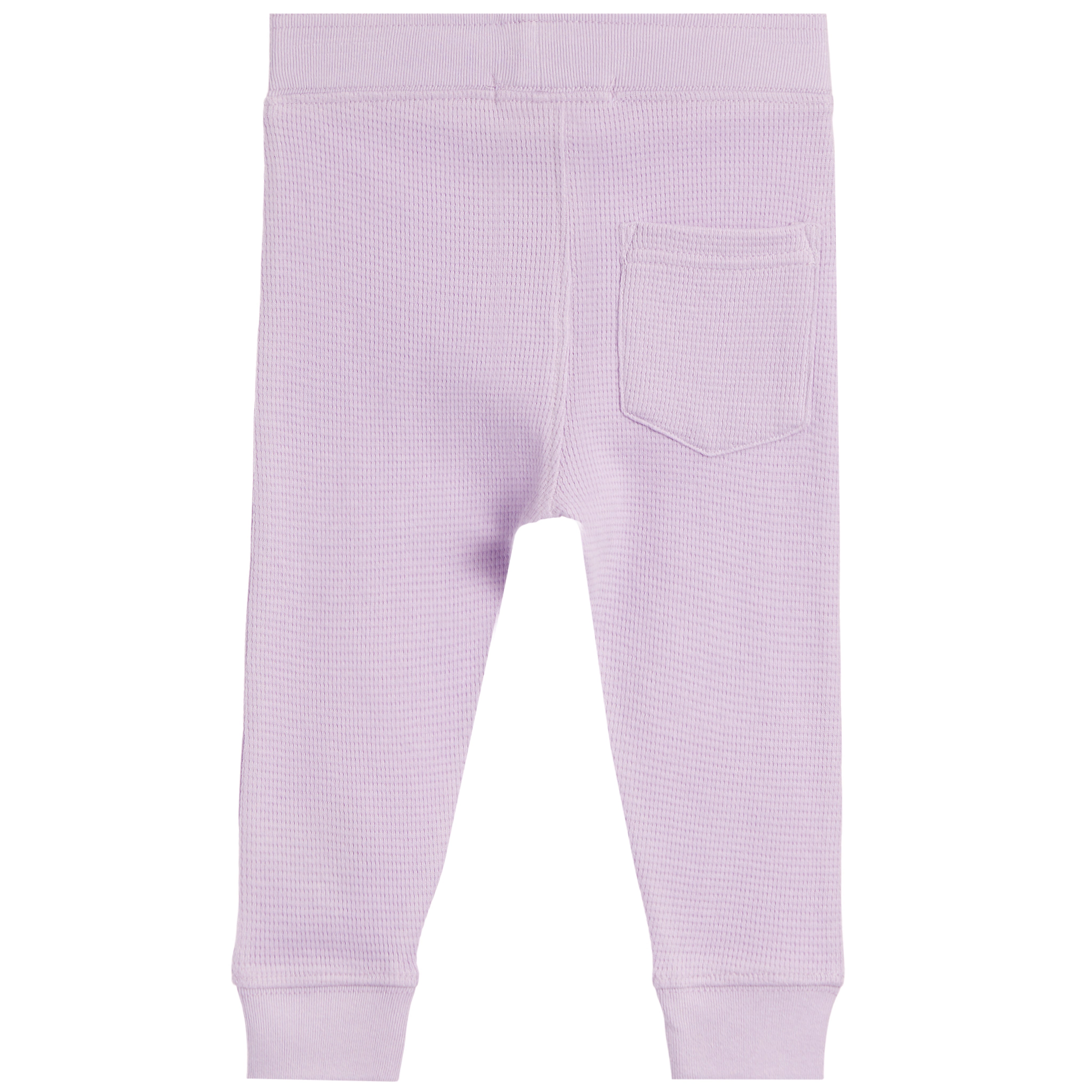 Light purple waffle-knit pants with a back pocket and ribbed cuffs, shown from the back on a white background.