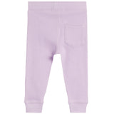 Light purple waffle-knit pants with a back pocket and ribbed cuffs, shown from the back on a white background.