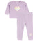 A toddler girl's two-piece set in light lavender, featuring a long-sleeve top with a large iridescent heart patch on the chest and matching ribbed leggings with a smaller heart patch on the lower leg.