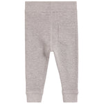 A pair of light gray heathered ribbed knit pants with a single back pocket, shown flat against a white background.