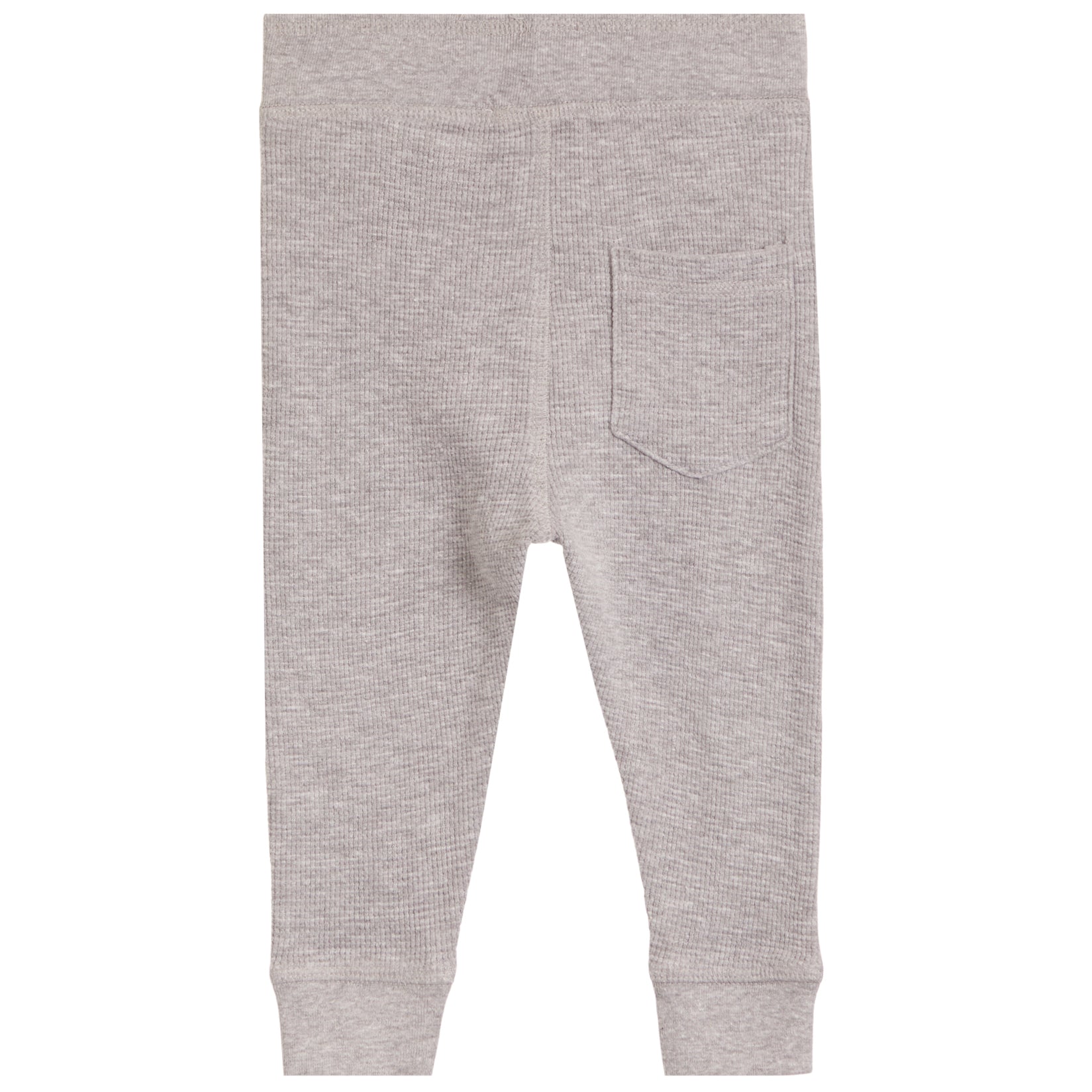 A pair of light gray heathered knit pants with a single back pocket and ribbed cuffs, shown flat against a white background.