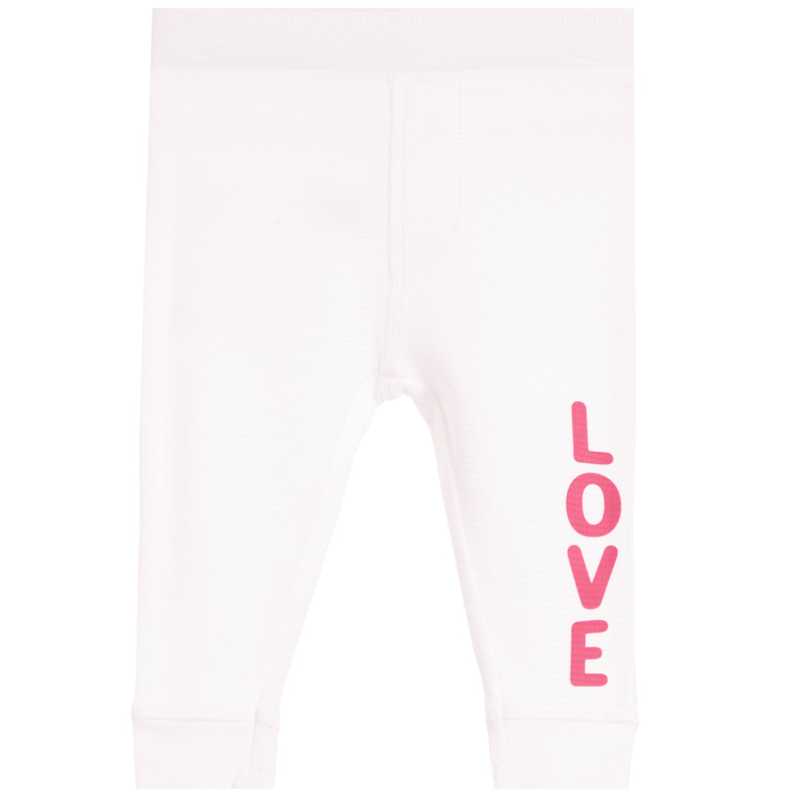 White ribbed knit baby leggings with the word 'LOVE' printed vertically in pink on the lower left leg, shown against a plain white background.