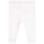 White ribbed knit baby pants with a back pocket, shown from the back on a white background.