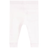 White ribbed knit baby pants with a back pocket, shown from the back on a white background.