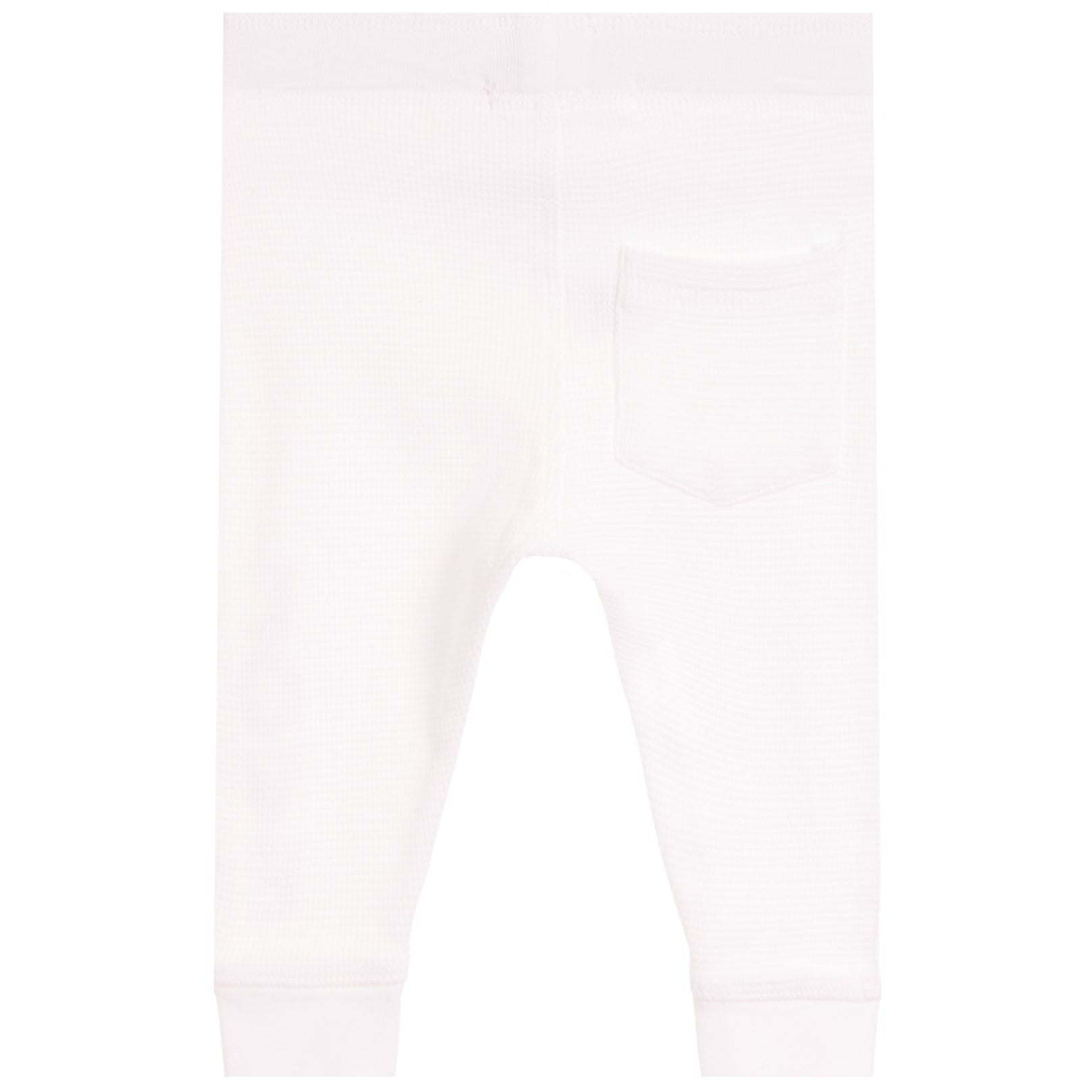 White ribbed knit baby pants with a back pocket, shown from the back on a white background.