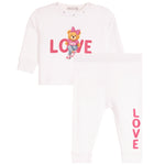 White Thermal Set with the Word Love and Love Bear with rhinestone neck and White Thermal pant with love written down leg