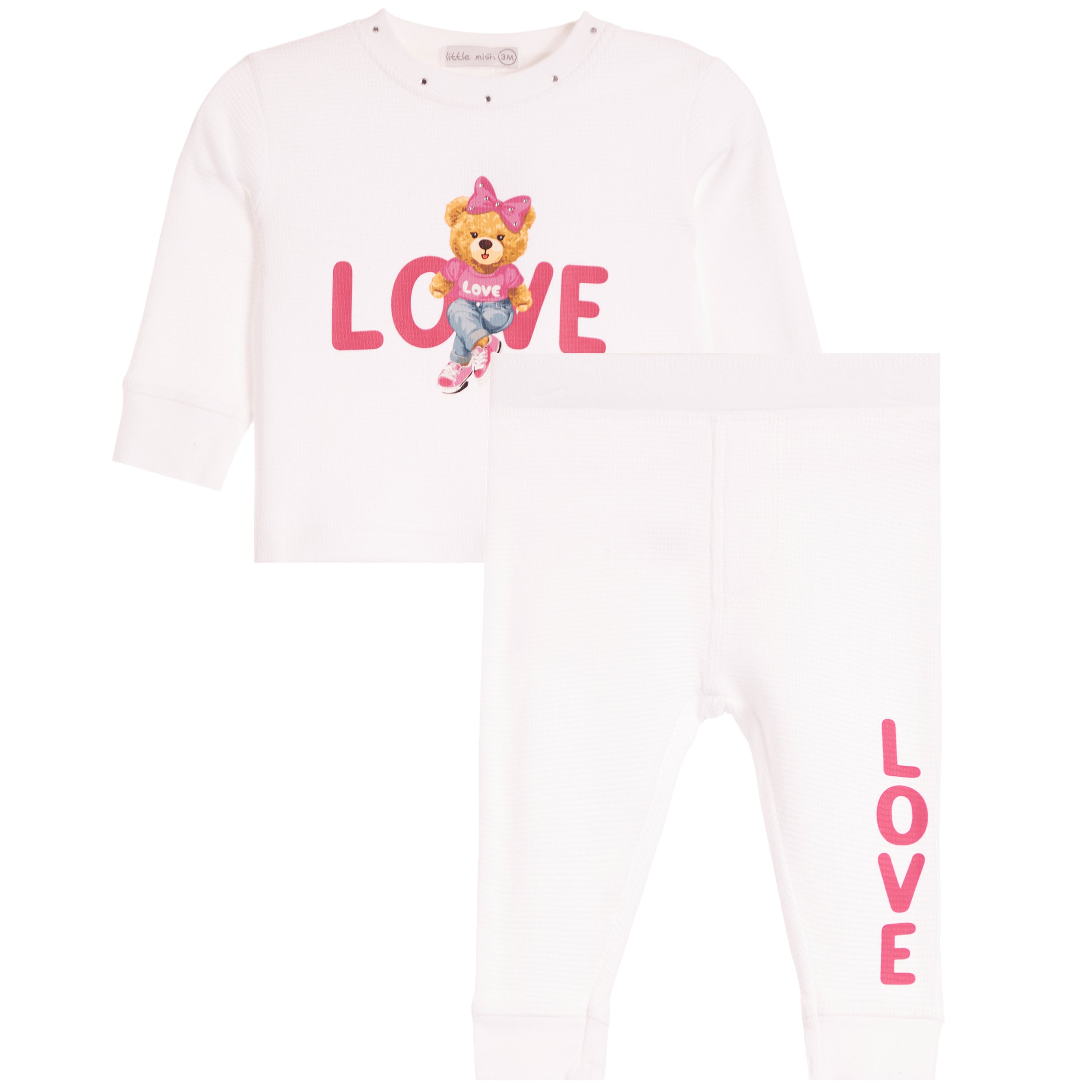 White Thermal Set with the Word Love and Love Bear with rhinestone neck and White Thermal pant with love written down leg