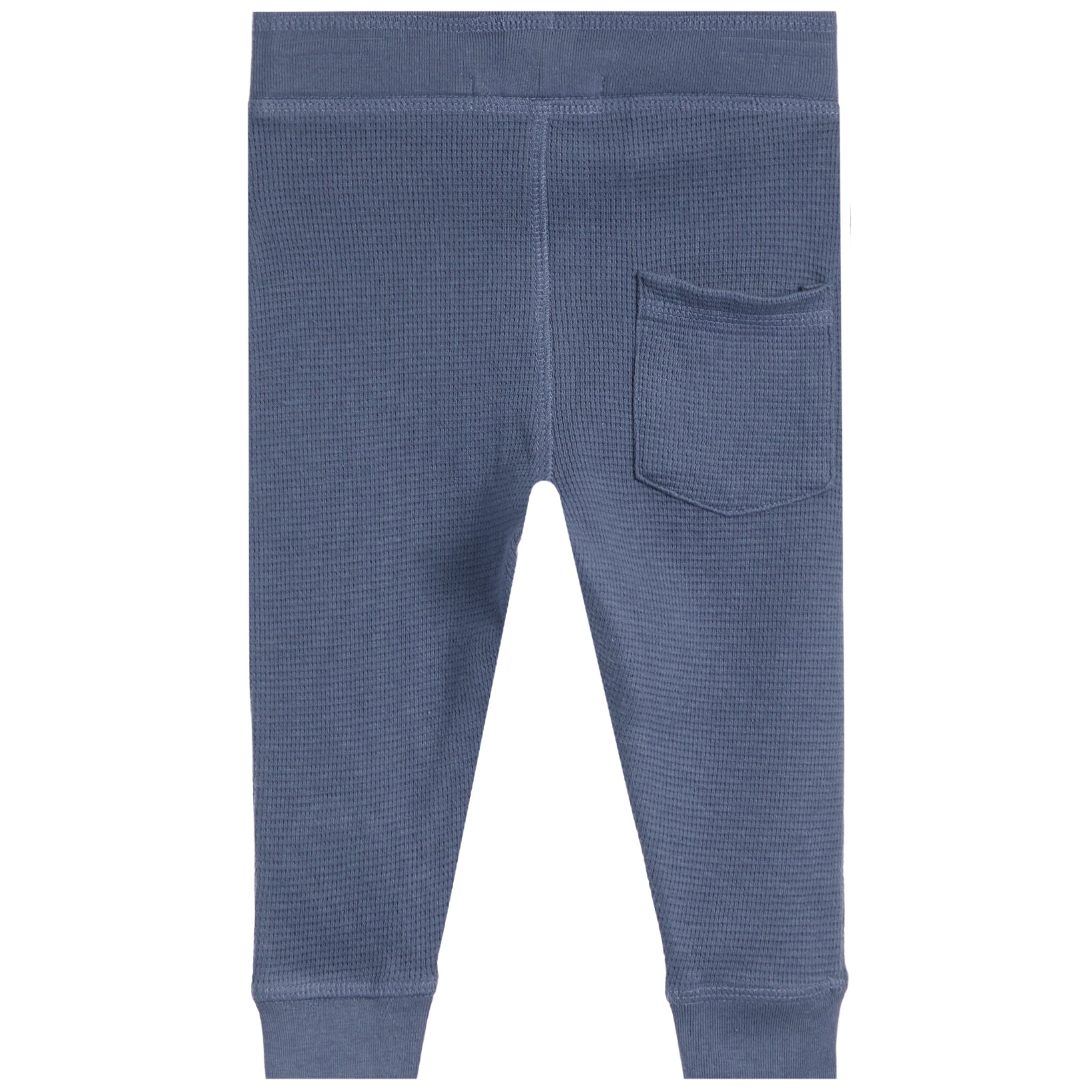Blue textured waffle-knit pants with a back pocket, shown from the back on a white background.