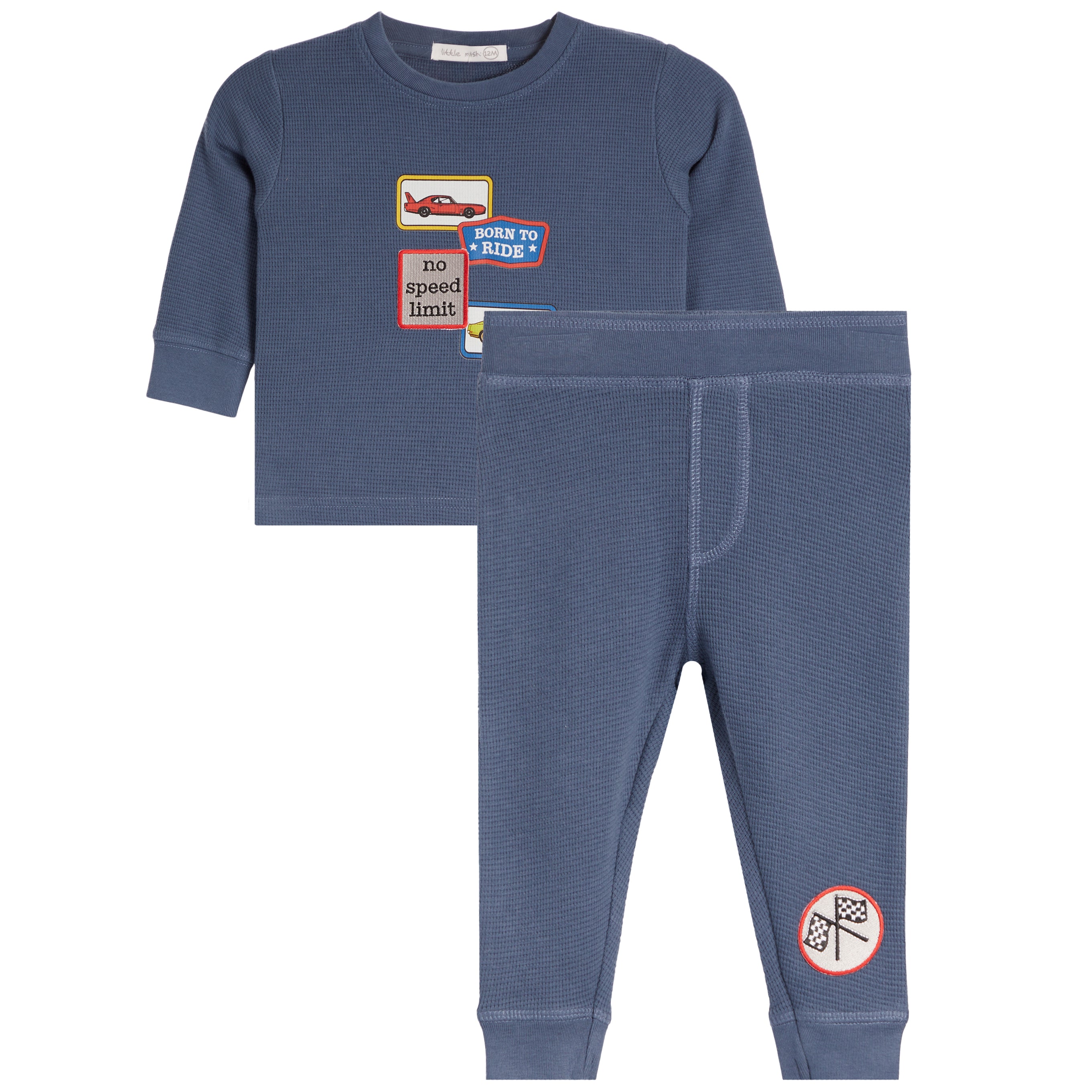 A two-piece baby outfit set consisting of a long-sleeve crewneck top and matching ribbed pants in a dusty blue color. The top features a graphic print with a red race car and road signs.