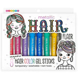 Hair color gel sticks packaging with colorful hair color sticks and illustrations of people with styled hair.