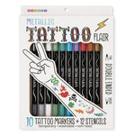 SHOUT! Metallic Tattoo Flair set in its retail packaging, featuring 10 metallic tattoo markers and 12 stencils. The white box displays a variety of marker colors visible through a clear window, along with a graphic of a hand decorated with tattoo designs.