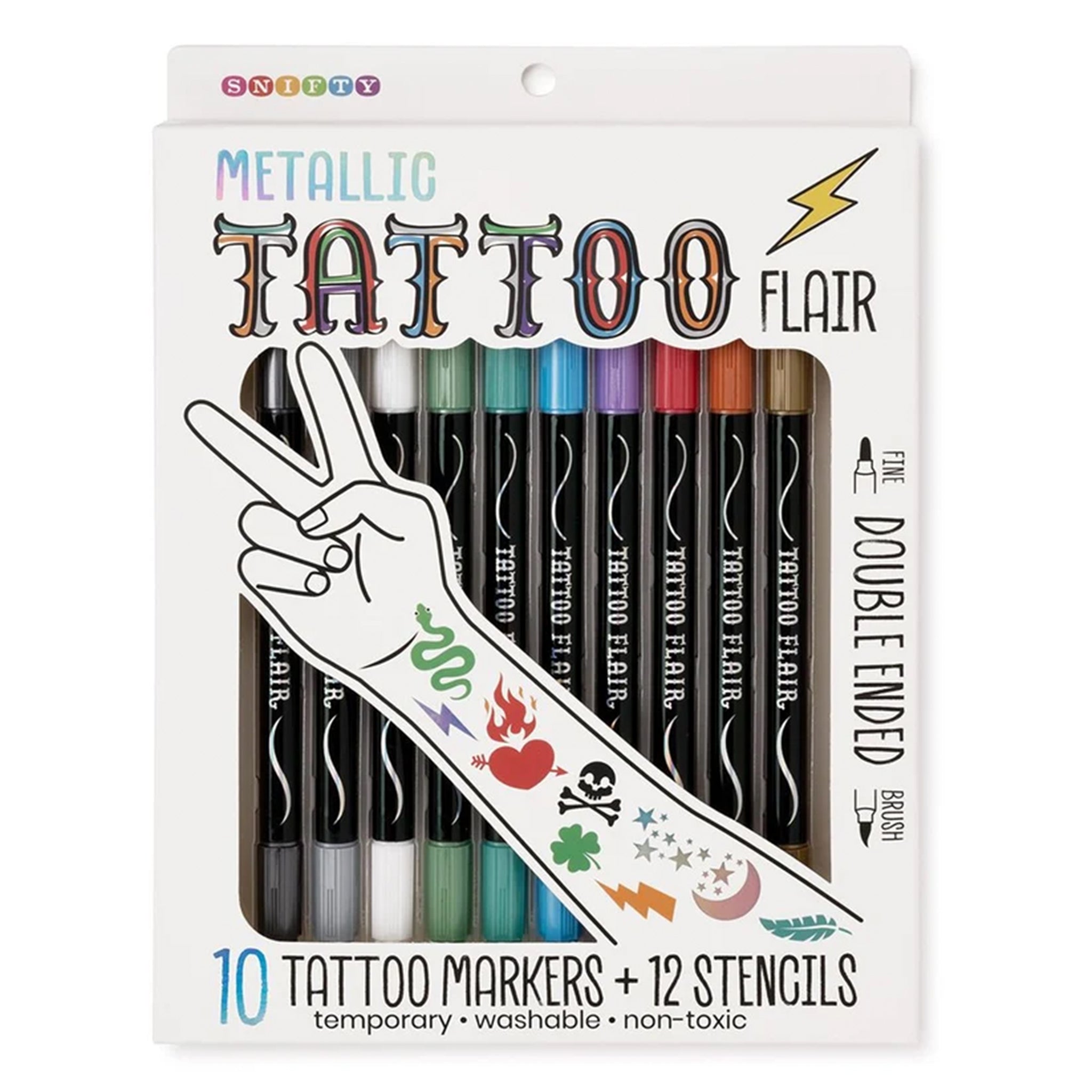 SHOUT! Metallic Tattoo Flair set in its retail packaging, featuring 10 metallic tattoo markers and 12 stencils. The white box displays a variety of marker colors visible through a clear window, along with a graphic of a hand decorated with tattoo designs.