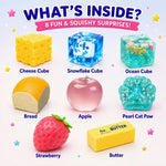 Promotional graphic showing eight squishy surprise items labeled with names: Cheese Cube, Snowflake Cube, Ocean Cube, Bread, Apple, Pearl Cat Paw, Strawberry, and Butter, under the headline 'WHAT'S INSIDE? 8 FUN & SQUISHY SURPRISES!'.