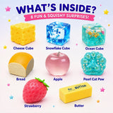 Promotional graphic showing eight squishy surprise items labeled with names: Cheese Cube, Snowflake Cube, Ocean Cube, Bread, Apple, Pearl Cat Paw, Strawberry, and Butter, under the headline 'WHAT'S INSIDE? 8 FUN & SQUISHY SURPRISES!'.