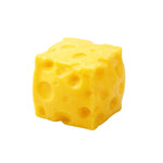Cube-shaped yellow cheese squishy with holes on a white background