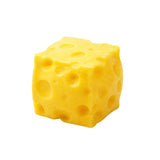 Cube-shaped yellow cheese squishy with holes on a white background