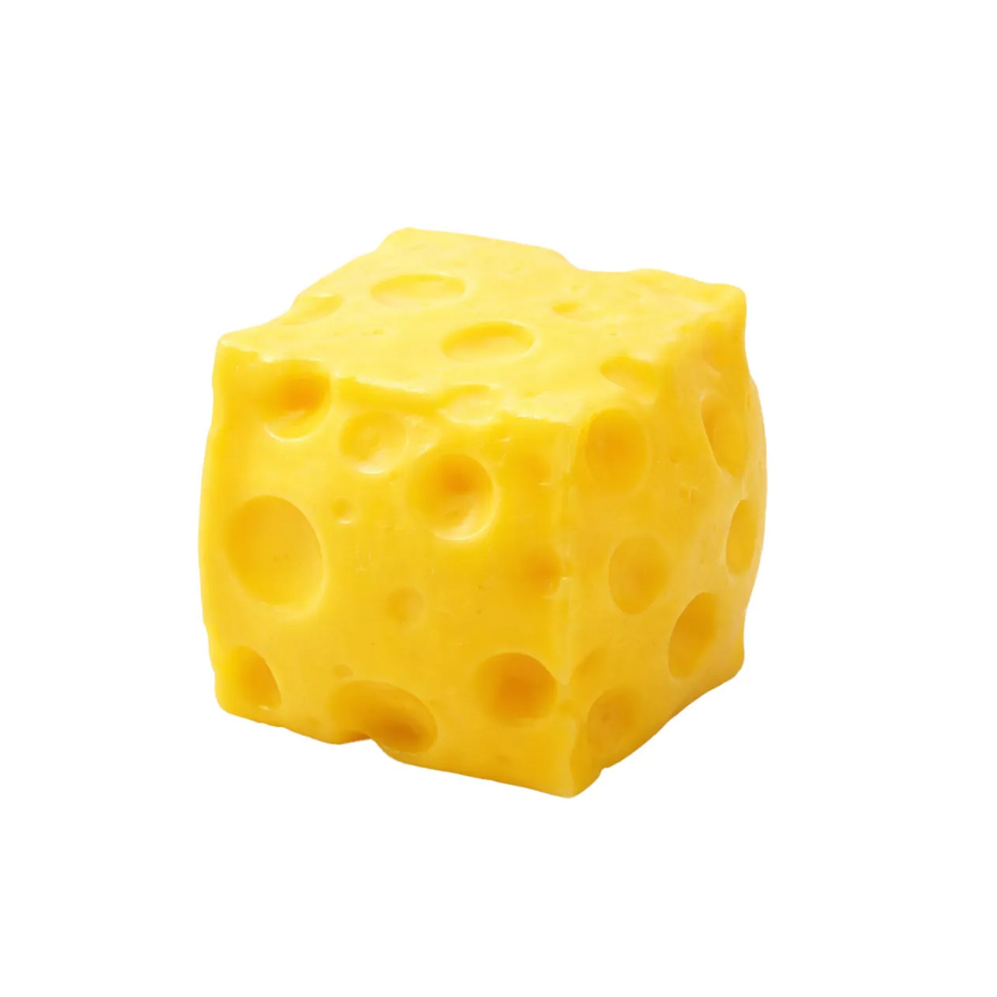 Cube-shaped yellow cheese squishy with holes on a white background