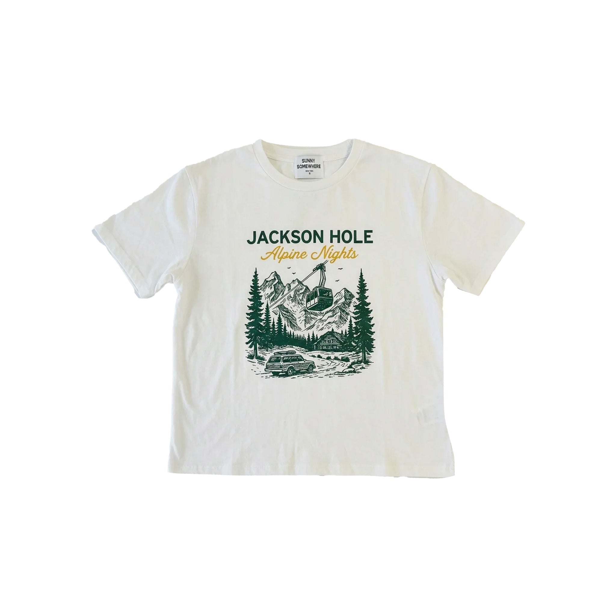 An off-white short-sleeve t-shirt with a graphic print of a mountain landscape and the text 'JACKSON HOLE Alpine Nights' on the front, displayed flat against a white background.
