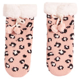 A pair of pink knit gloves with a black and white leopard print pattern, featuring a fluffy white faux-fur trim at the top and two small pink pom-pom drawstrings.