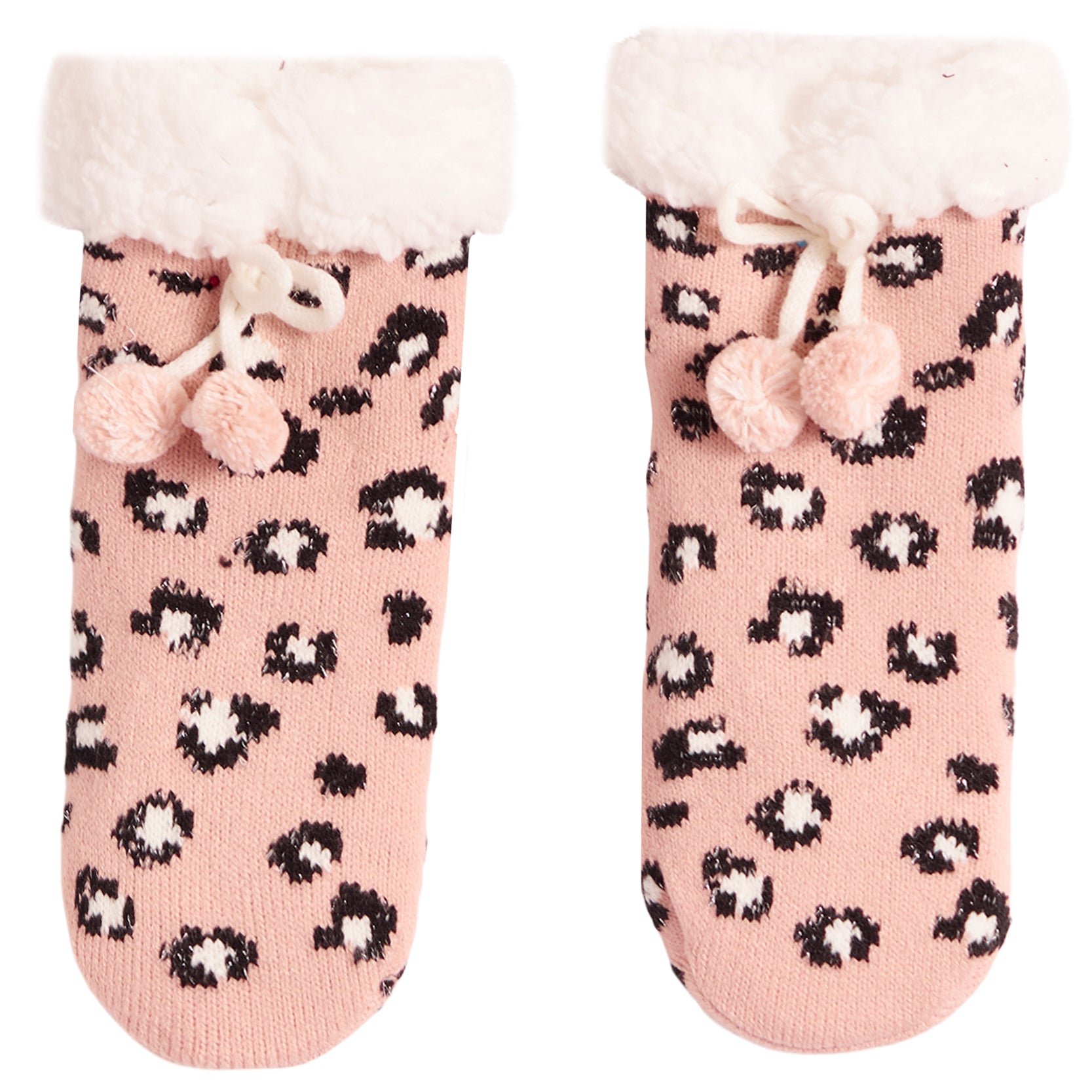 A pair of pink knit gloves with a black and white leopard print pattern, featuring a fluffy white faux-fur trim at the top and two small pink pom-pom drawstrings.