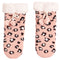 A pair of pink knit gloves with a black and white leopard print pattern, featuring a fluffy white faux-fur trim at the top and two small pink pom-pom drawstrings.