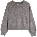 A heather gray knit sweater with a crew neck, dropped shoulders, and ribbed cuffs and hem, shown against a plain white background.