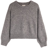 A heather gray knit sweater with a crew neck, dropped shoulders, and ribbed cuffs and hem, shown against a plain white background.